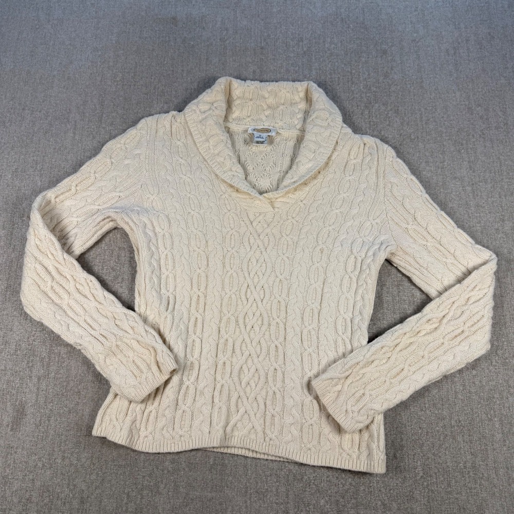 Talbots Sweater Women Medium Cream Cable Knit Shawl Collar Pullover